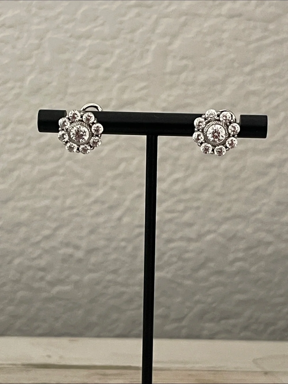 Judith Ripka CZ Halo Cluster Omega Back Earrings 925 Sterling Silver Signed